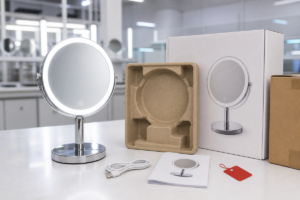 Rechargeable LED makeup mirror packaging approval cover with molded insert, cable, manual, and carton