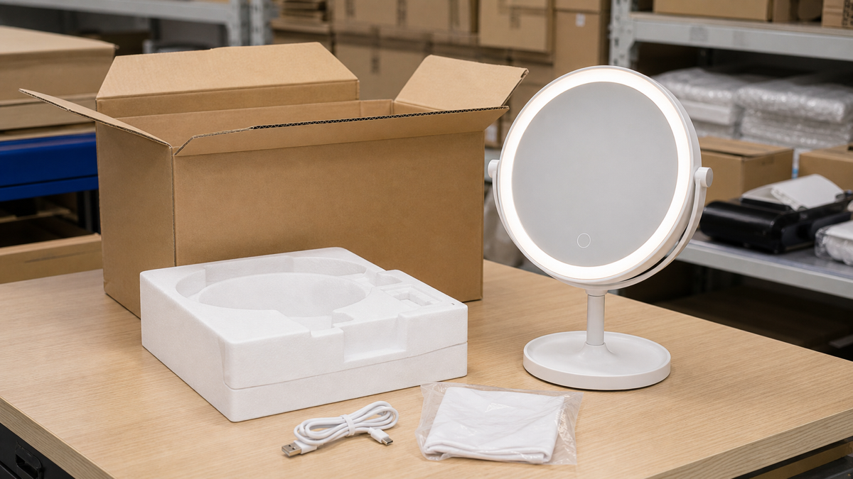 LED makeup mirror e-commerce packaging QC with protective insert and carton
