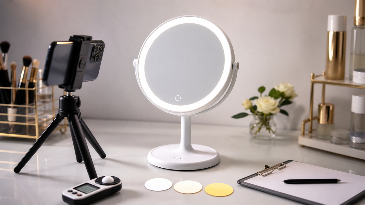 LED makeup mirror livestream demonstration check with phone tripod and lighting props