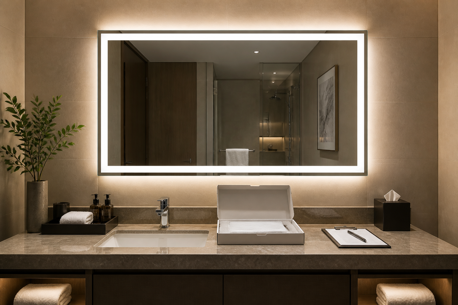 Hotel LED bathroom mirror project cover with sample carton and inspection clipboard