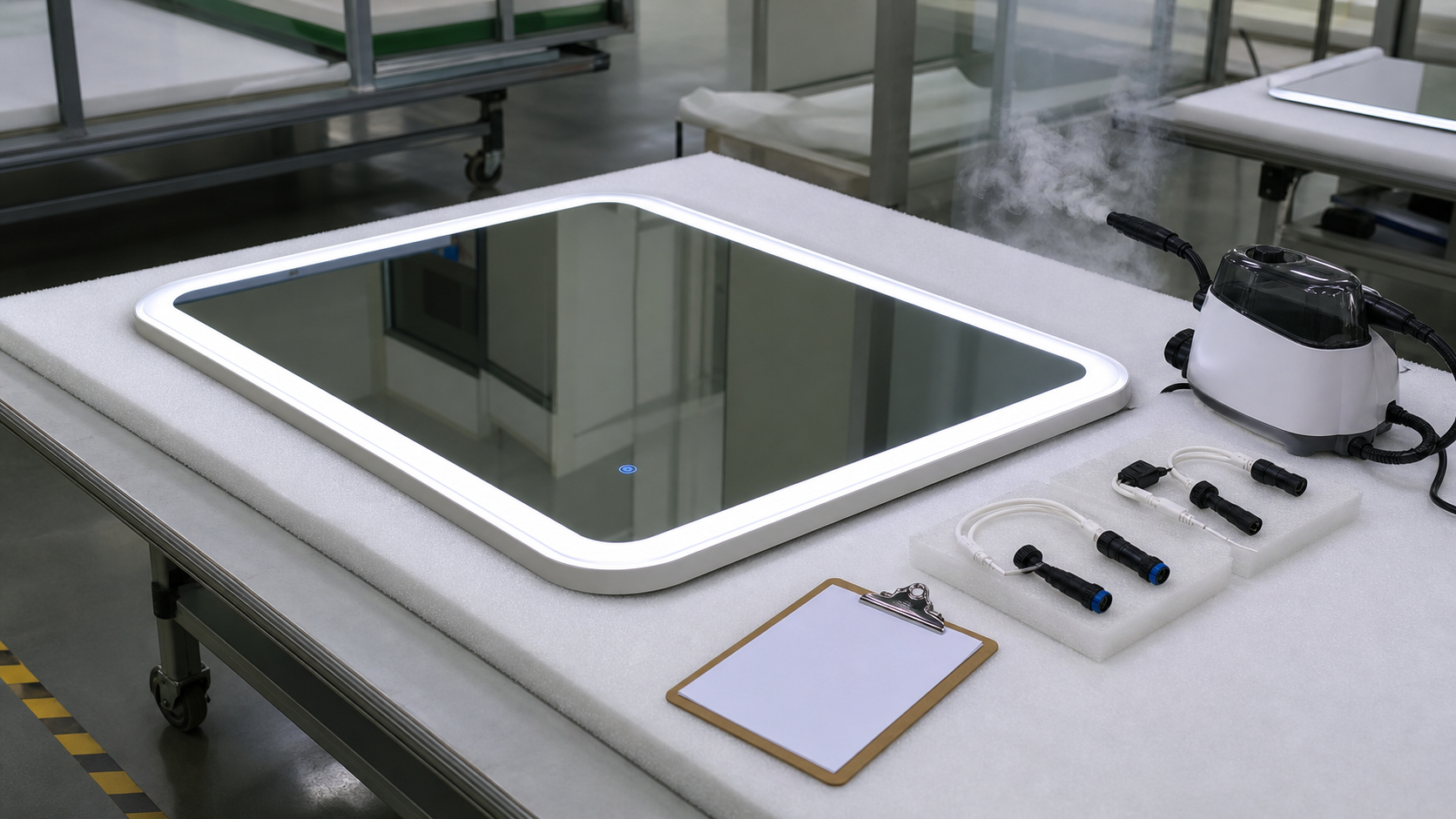 LED bathroom mirror fog and waterproof QC test with connector samples