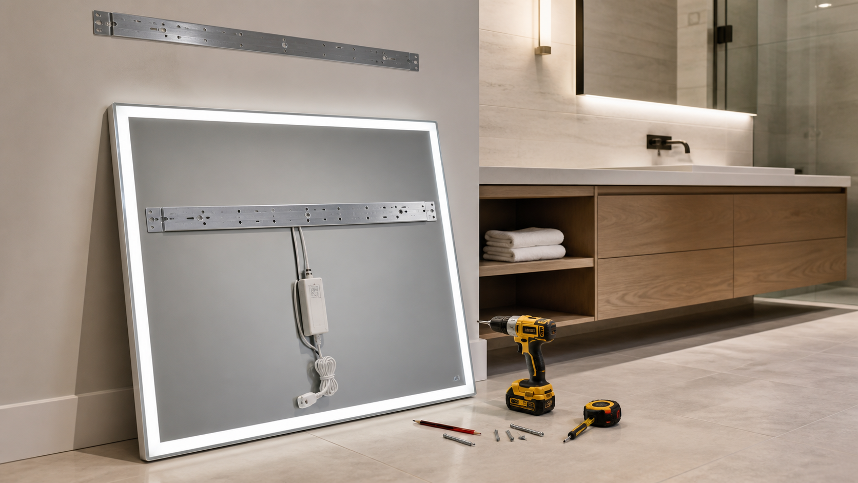LED bathroom mirror installation planning with rear bracket and power lead