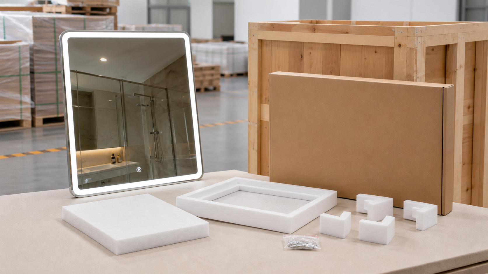 LED bathroom mirror project packaging with foam, carton, and wooden crate