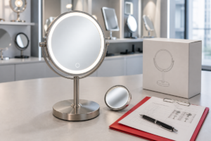 20x magnifying makeup mirror assortment planning cover with LED tabletop mirror and sample packaging