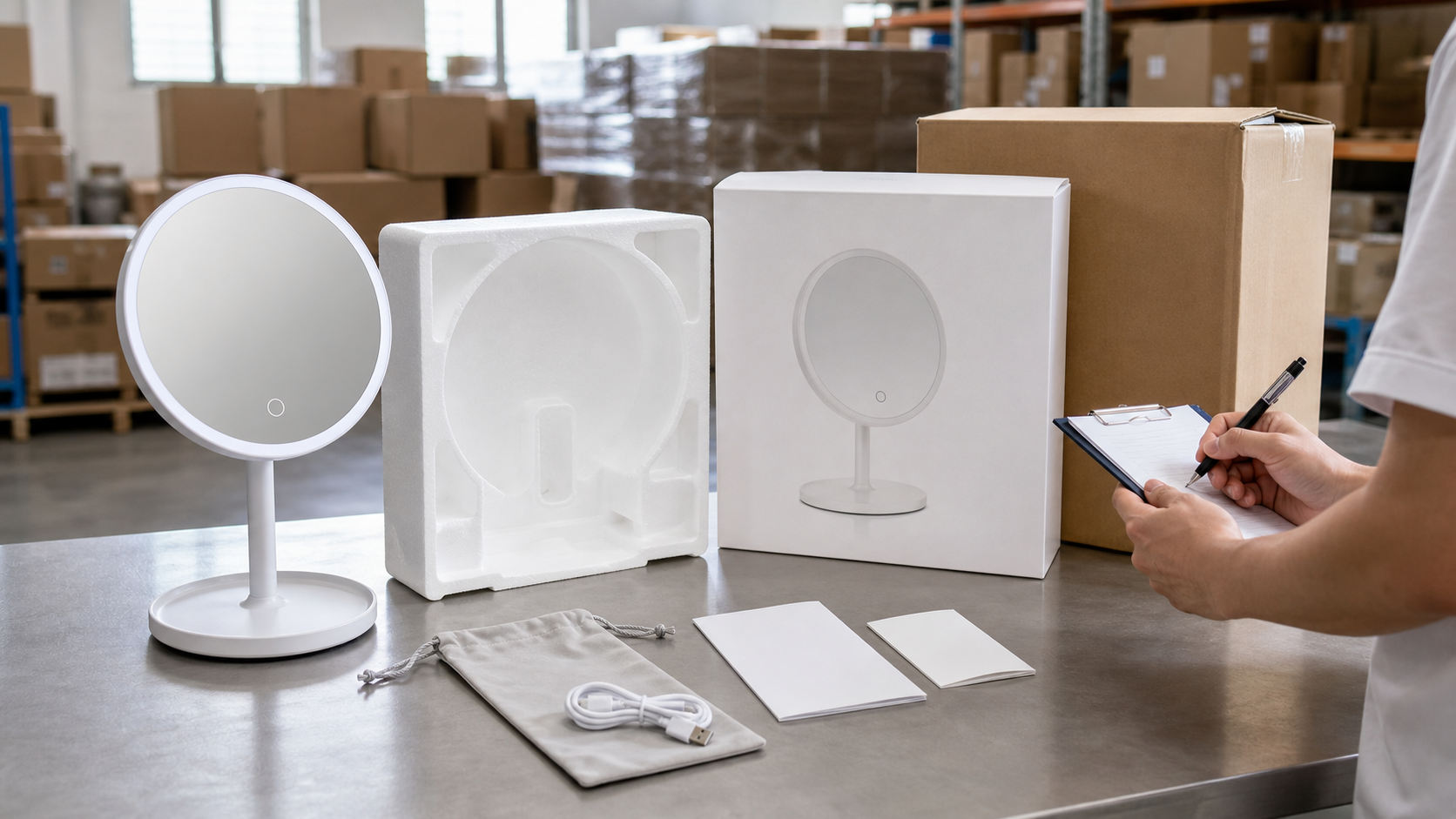 Rechargeable LED makeup mirror packaging approval with cable, insert, inner box, and carton