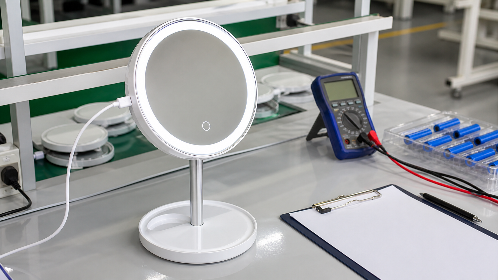 Rechargeable LED makeup mirror charging and battery QC bench for sourcing approval