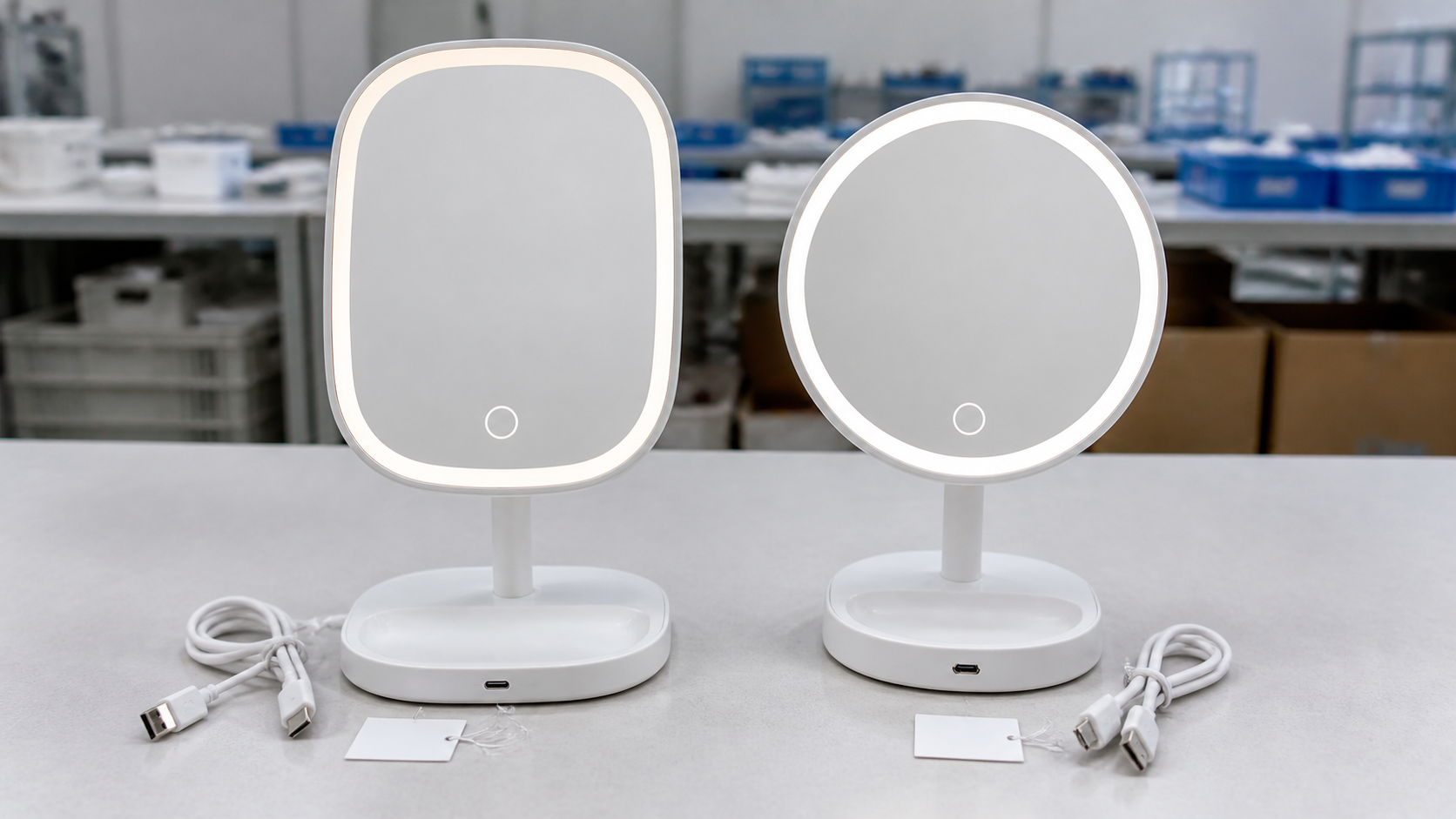 Two rechargeable LED makeup mirror samples compared for USB-C and Micro-USB sourcing approval