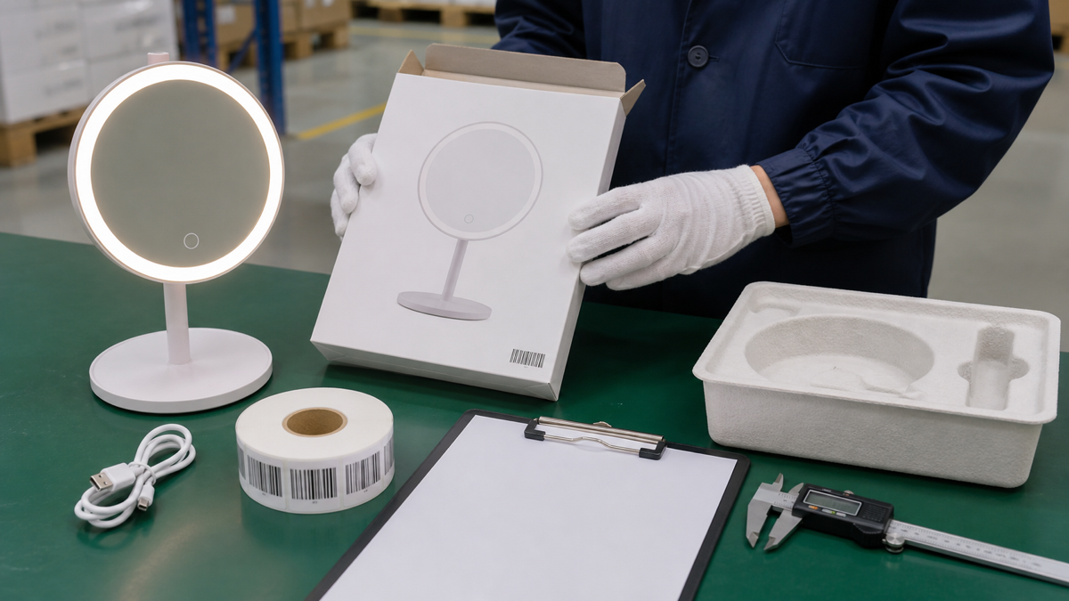 LED makeup mirror packaging QC approval with box fit, blank label, insert, cable, and inspection tools