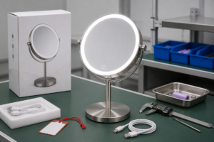 Rechargeable LED makeup mirror charging QC cover with USB-C cable battery sample packaging and inspection tools