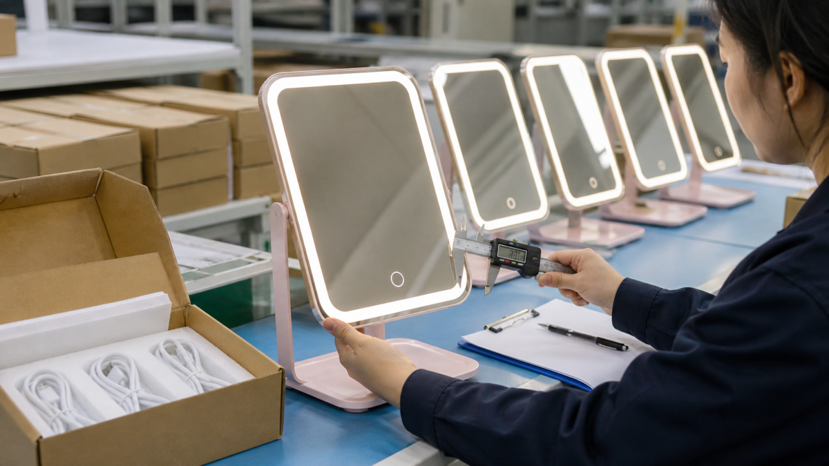 Rechargeable LED makeup mirror final inspection before shipment with packaging and production samples