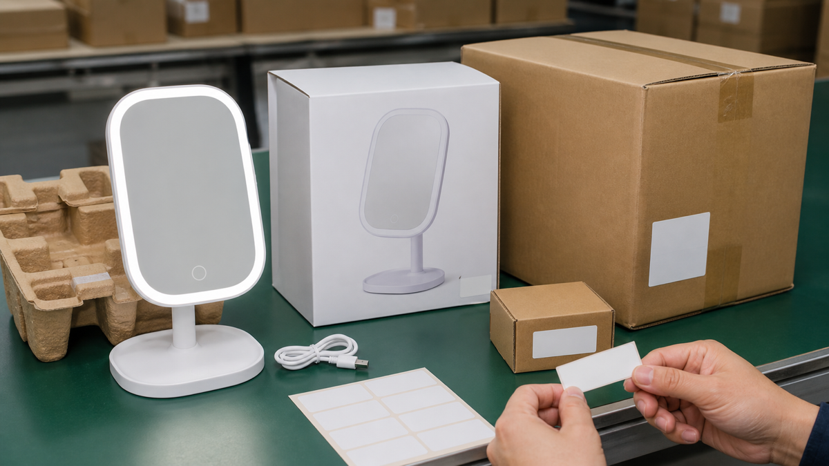Rechargeable LED makeup mirror packaging and label approval for e-commerce shipment