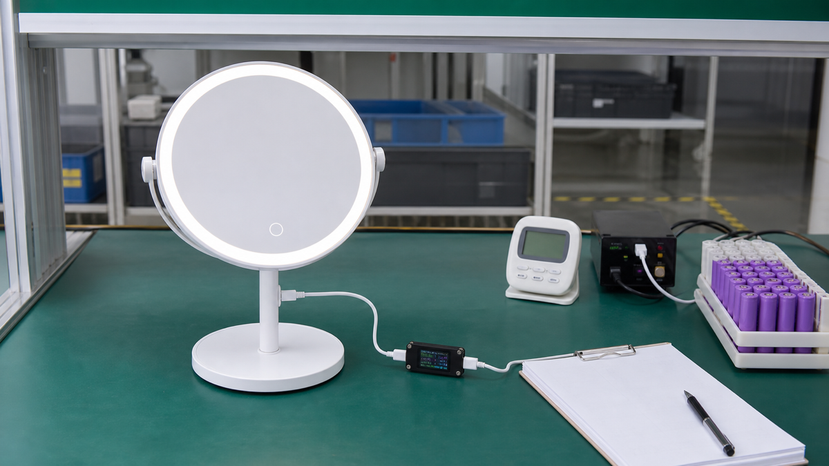 Rechargeable LED makeup mirror runtime and USB-C charging test on factory QC bench