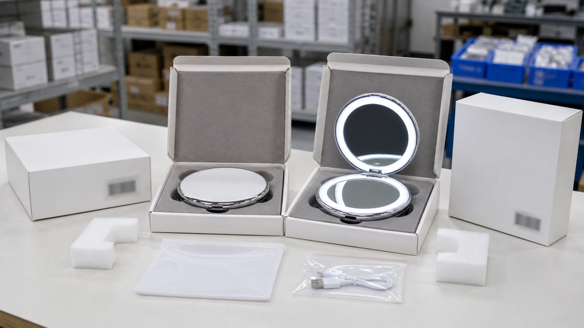 LED compact mirror e-commerce packing with complete mirrors protective inserts accessory pouch cartons and warehouse background