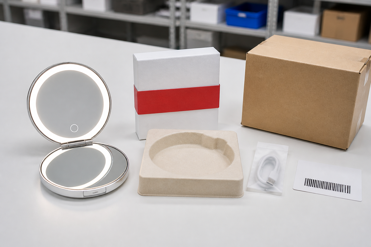 LED compact mirror gift packaging cover with mirror box molded insert cable pouch barcode label and outer carton