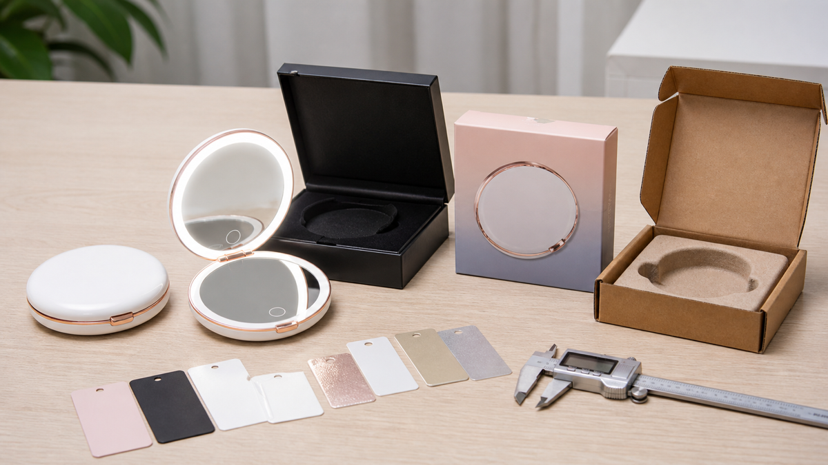 LED compact mirror packaging options with gift box retail box mailer carton molded insert and sample materials