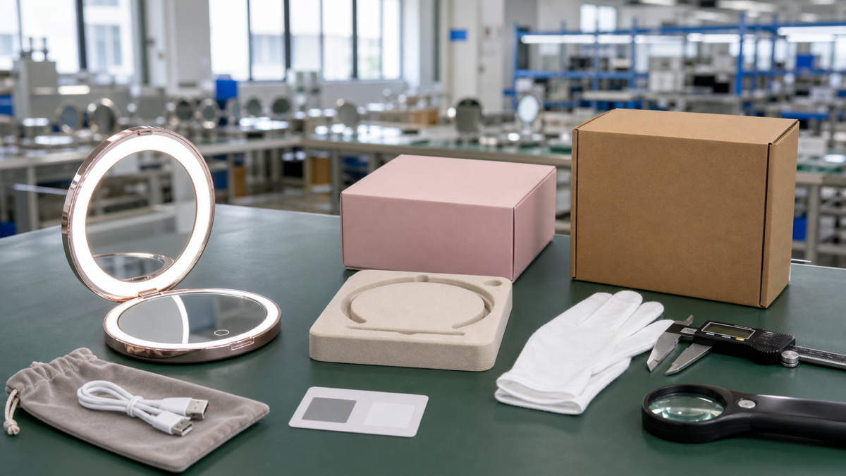 LED compact mirror packaging QC bench with complete open mirror cable pouch molded insert gift box carton and inspection tools