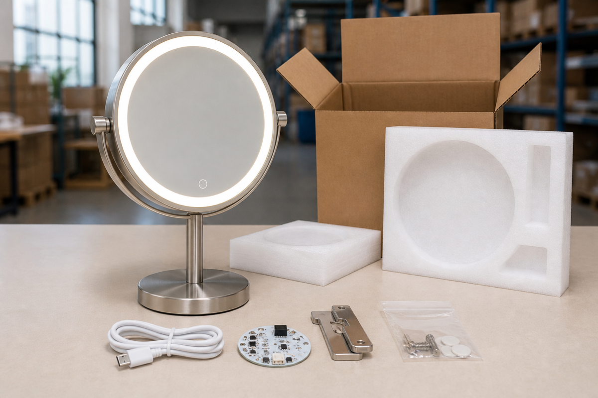 Rechargeable LED makeup mirror after-sales spare-parts kit with complete mirror cable lighting board hinge fasteners foam and carton