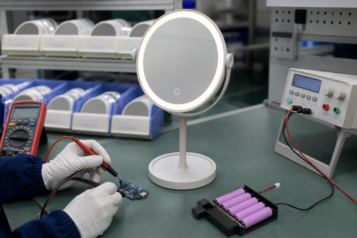 Rechargeable LED makeup mirror warranty failure inspection with complete mirror charging board battery tester and multimeter