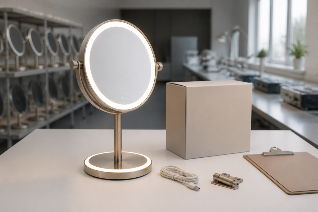 Rechargeable LED makeup mirror warranty planning cover with complete illuminated mirror replacement cable hinge retail box and QC clipboard