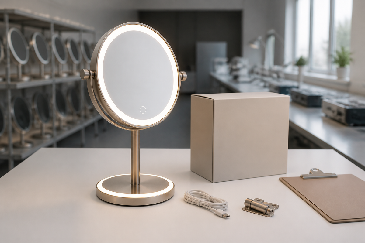 Rechargeable LED makeup mirror warranty planning cover with complete illuminated mirror replacement cable hinge retail box and QC clipboard