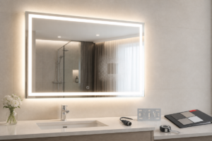 Hotel LED bathroom mirror sample approval cover with complete illuminated mirror in hotel vanity mockup