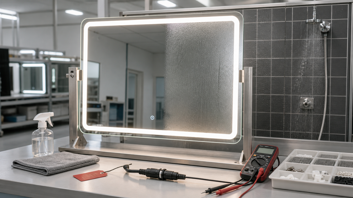Hotel LED bathroom mirror anti-fog and IP QC test with complete illuminated mirror sealed connector and inspection tools