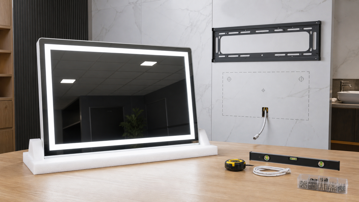 Hotel LED bathroom mirror installation sample approval with complete mirror bracket cable routing and mounting tools