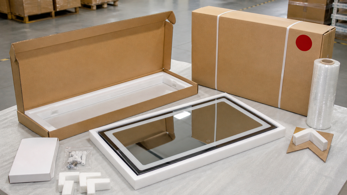 Hotel LED bathroom mirror project packaging approval with complete mirror foam carton mounting kit and export packing materials