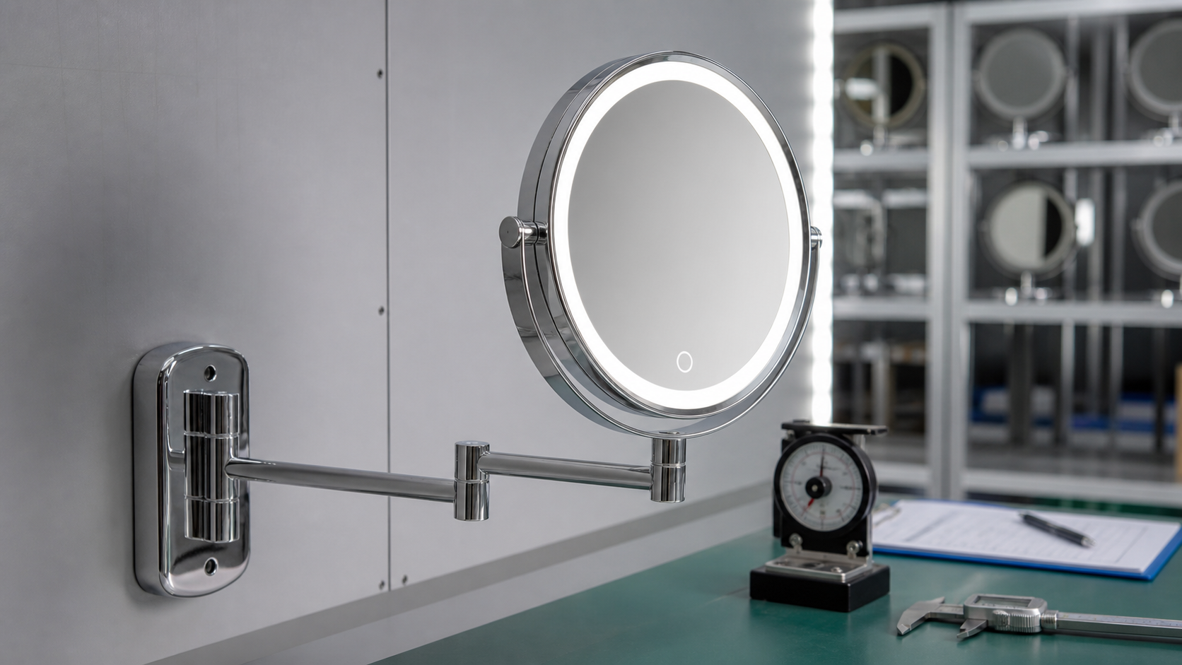 Wall-mounted LED makeup mirror arm stability QC with complete mirror hinge wall plate and measuring tools