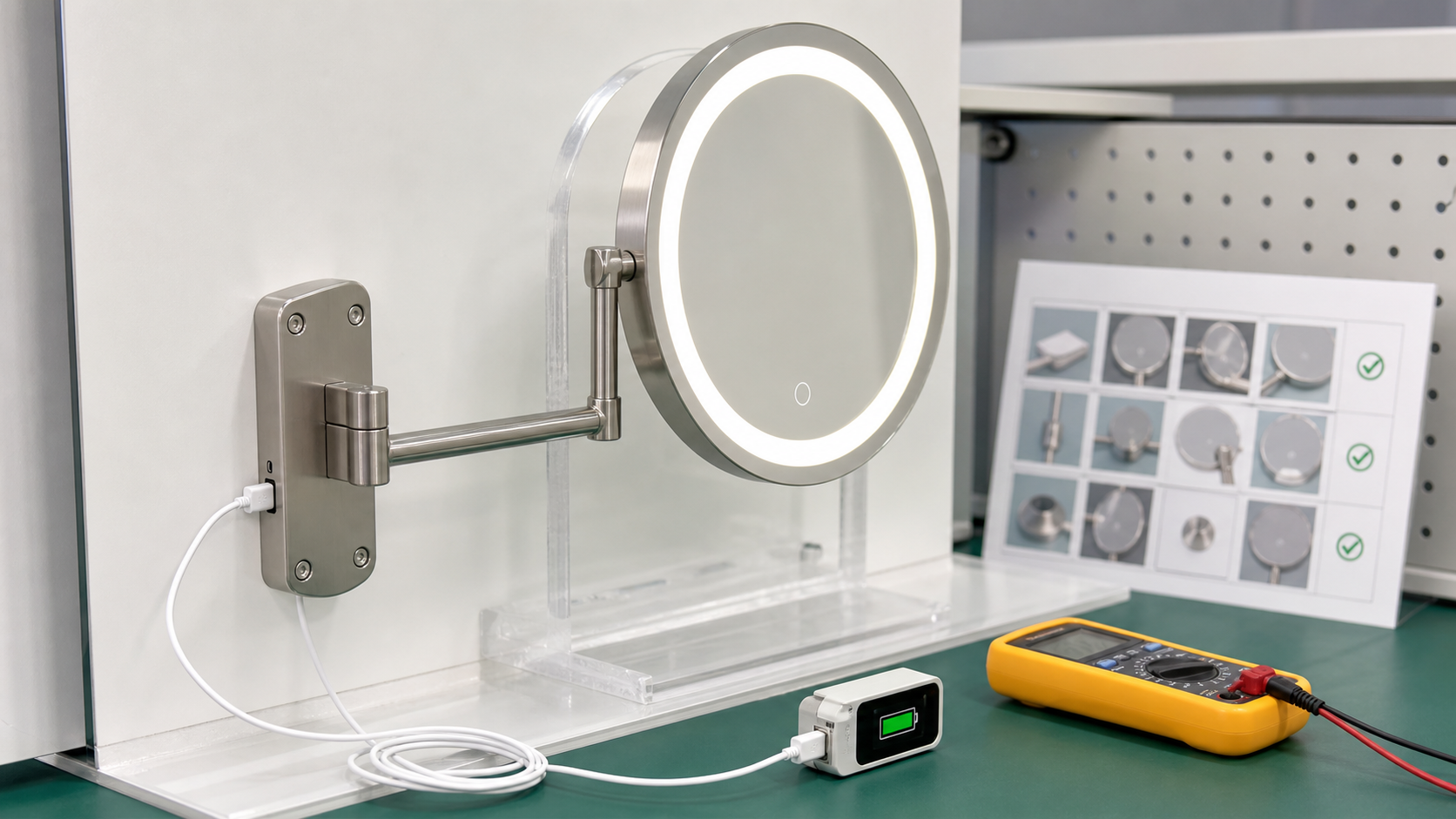 Wall-mounted LED makeup mirror charging QC with complete mirror USB-C cable battery tester and inspection tools