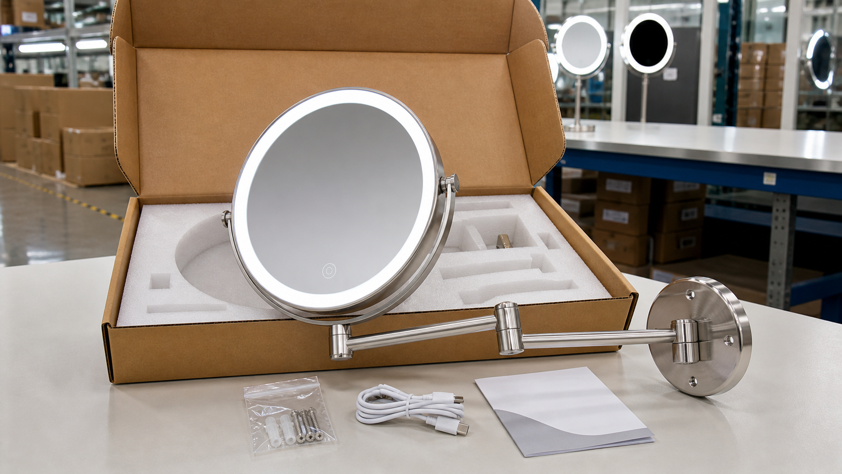 Wall-mounted LED makeup mirror packaging approval with complete mirror foam carton USB-C cable mounting hardware and instruction booklet