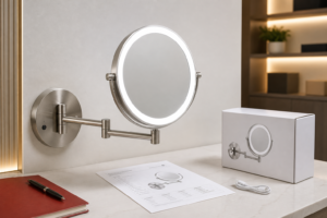 Wall-mounted rechargeable LED makeup mirror buying guide cover with complete lighted mirror on extendable arm sample approval desk