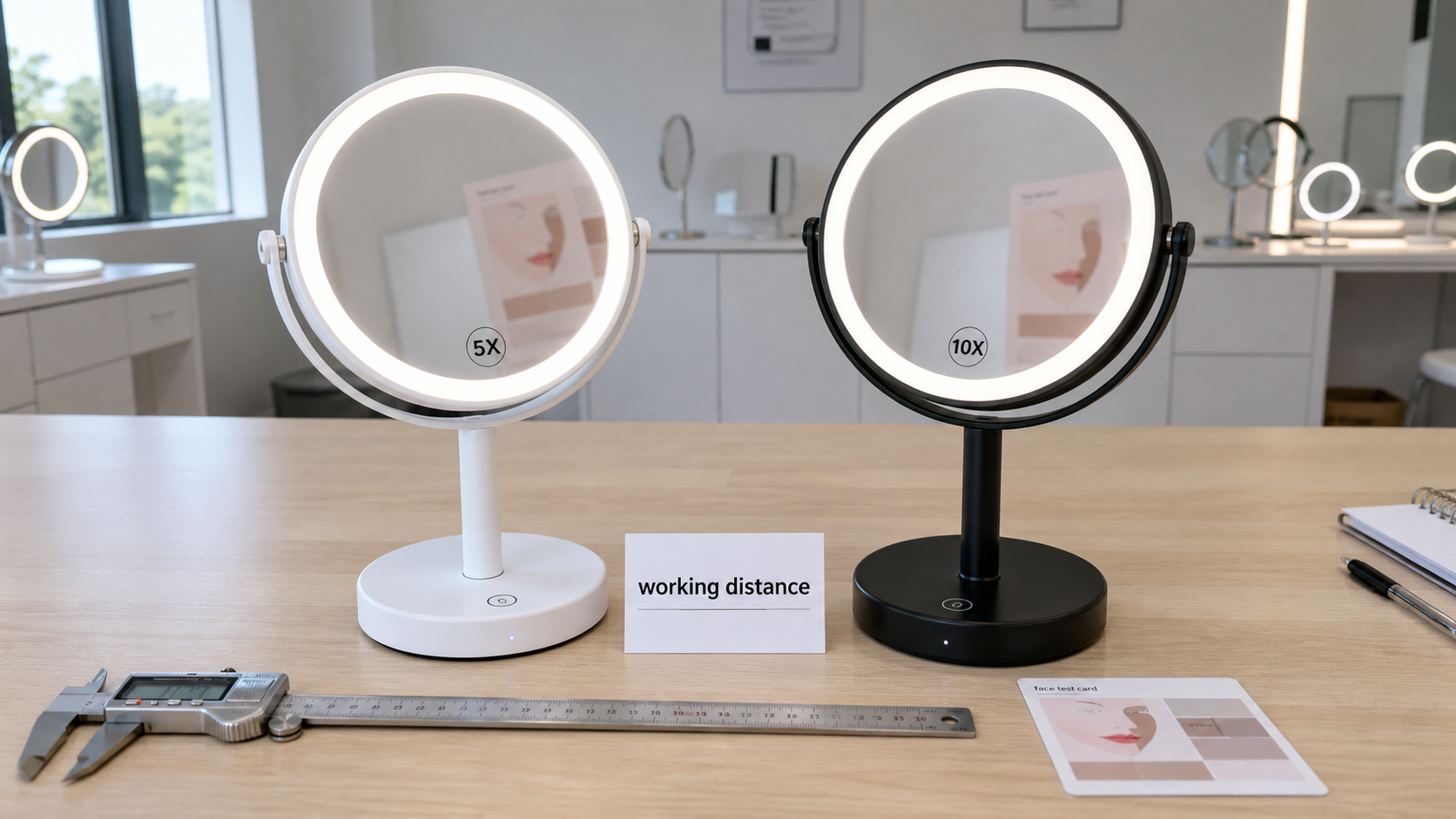 5X and 10X LED makeup mirrors working distance sample approval scene