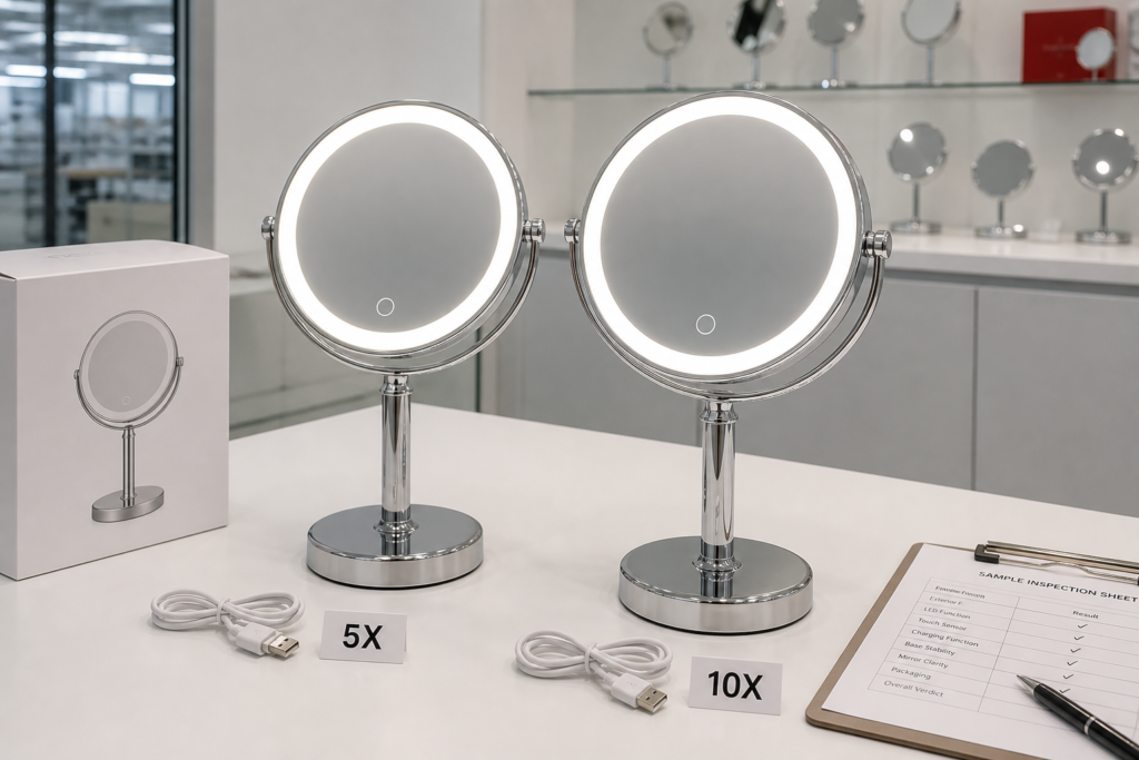 5X vs 10X LED makeup mirror buyer comparison cover with two complete illuminated mirrors on sample approval desk