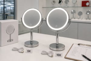 5X vs 10X LED makeup mirror buyer comparison cover with two complete illuminated mirrors on sample approval desk