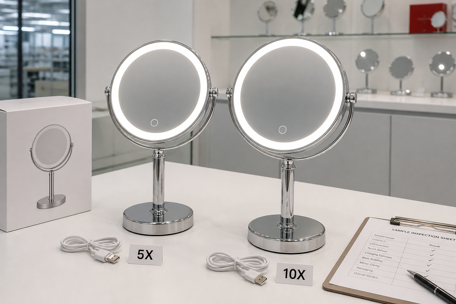 5X vs 10X LED makeup mirror buyer comparison cover with two complete illuminated mirrors on sample approval desk