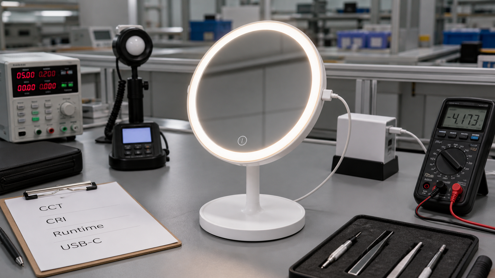 LED magnifying makeup mirror lighting and USB-C charging QC bench