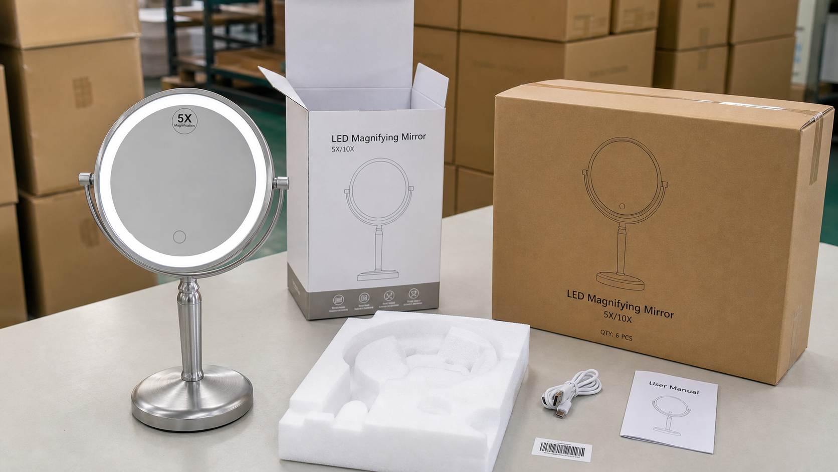 LED magnifying makeup mirror packaging approval with retail box foam insert USB-C cable manual and carton