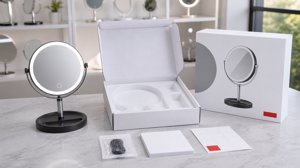 Custom LED makeup mirror packaging and logo approval with complete illuminated mirror open protective box blank labels USB-C cable and color box mockup