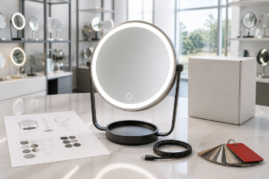 Custom LED makeup mirror RFQ specification sheet cover with complete illuminated tabletop mirror packaging box color swatches and sample approval desk