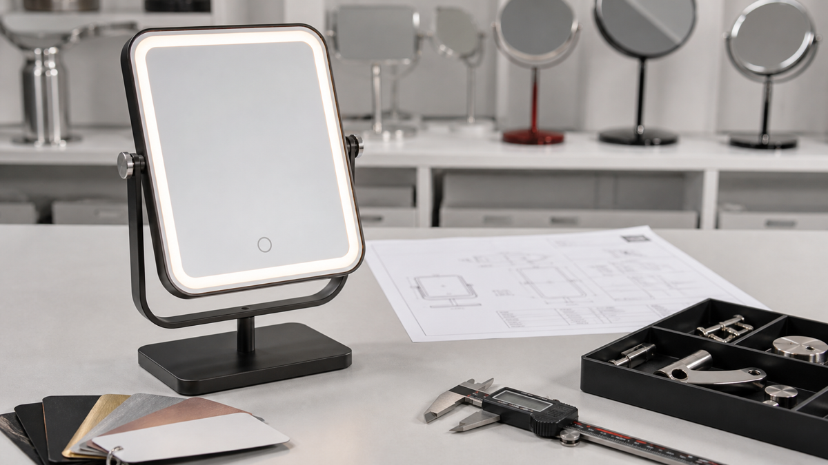 Custom LED makeup mirror specification confirmation with complete illuminated rectangular mirror hardware tray color swatches and blurred technical sheet