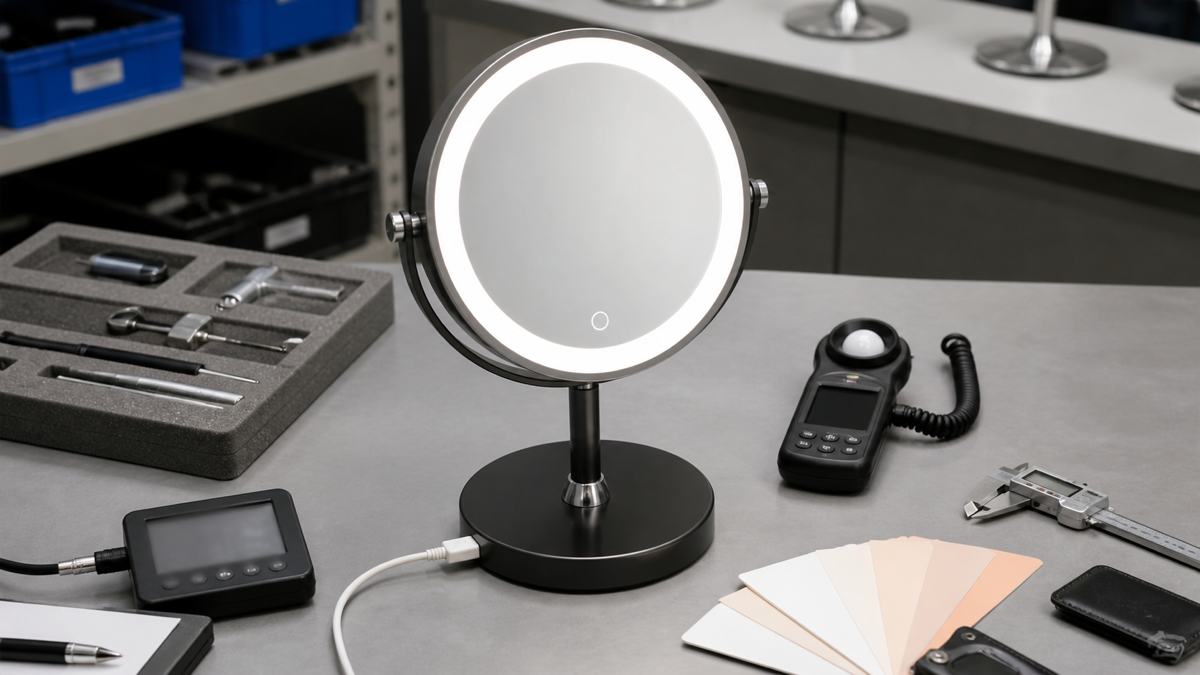 Custom rechargeable LED makeup mirror lighting and USB-C QC bench with complete illuminated mirror testing tools and blank displays