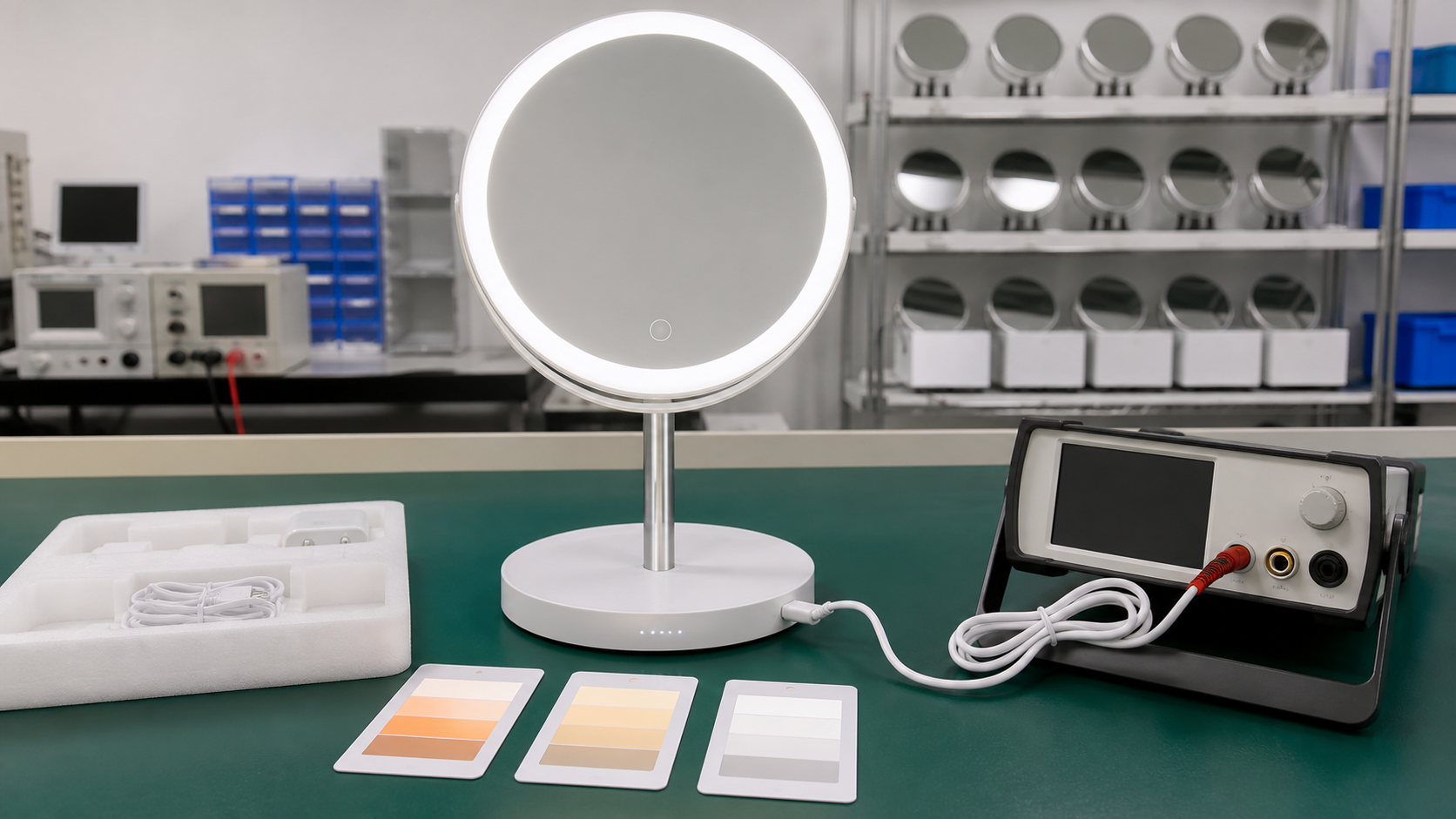 LED makeup mirror lighting and USB-C charging function test before shipment