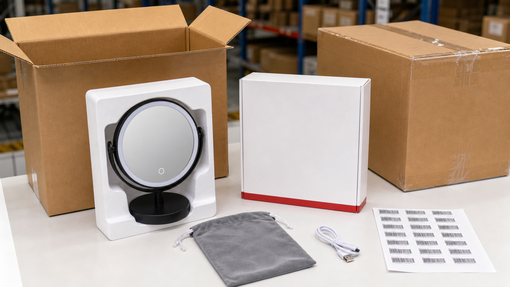 LED makeup mirror packaging and label release check with complete product protected in insert