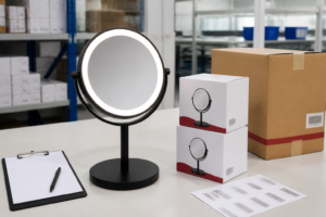 LED makeup mirror pre-shipment inspection cover with complete illuminated mirror packaging boxes inspection clipboard and export carton