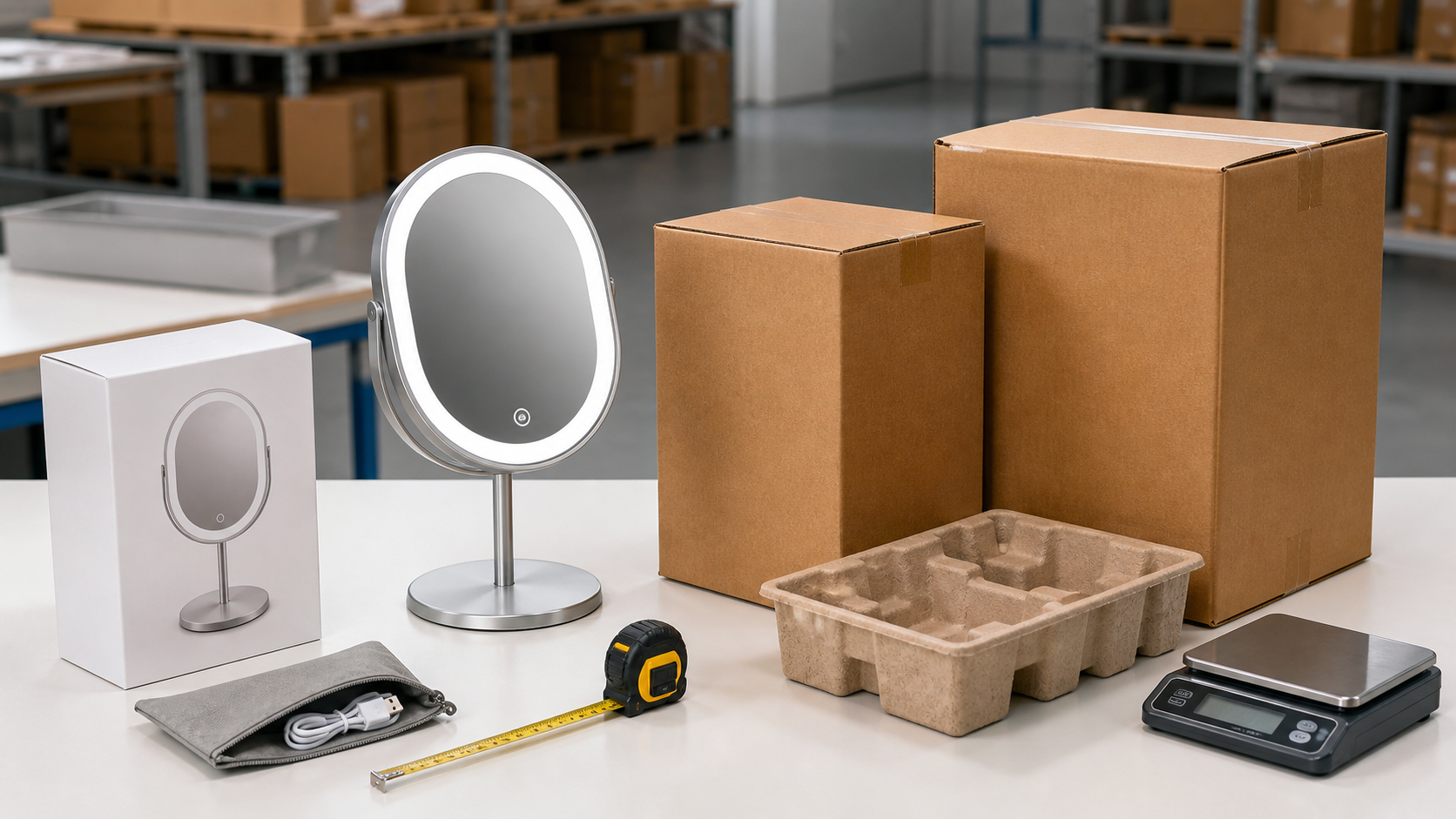 Right-size carton planning for LED makeup mirror with complete mirror, retail box, carton options, scale, measuring tape, and molded tray
