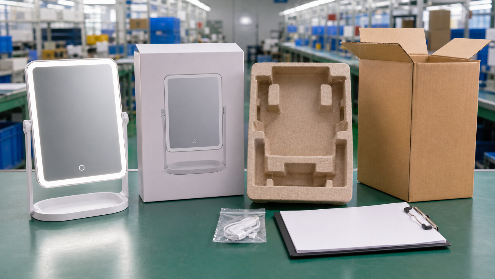 Final LED makeup mirror packaging release with complete illuminated mirror, approved retail box, molded insert, accessory bag, blank clipboard, and export carton