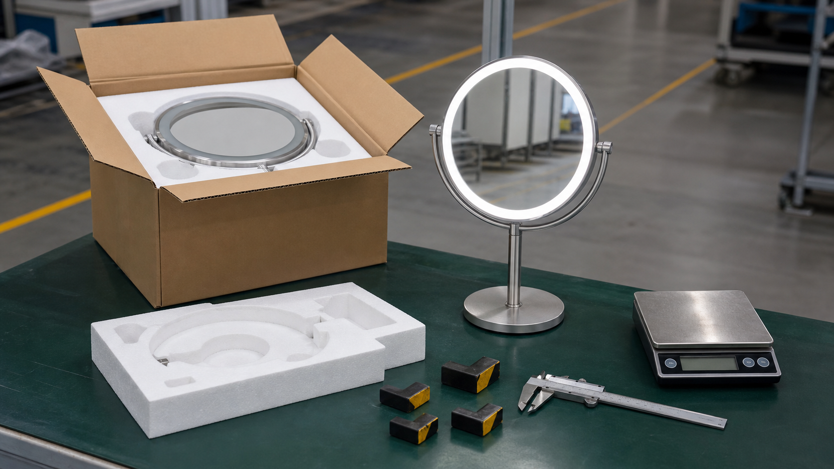 LED makeup mirror parcel damage risk testing with complete mirror, open carton, protective insert, scale, and caliper