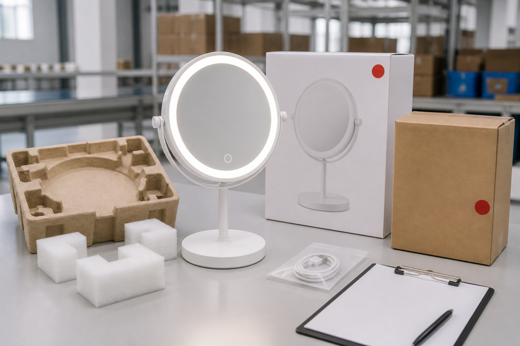 LED makeup mirror right-size packaging cover with complete illuminated mirror molded insert retail box accessory pouch and export carton
