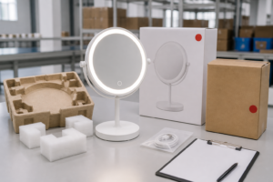 LED makeup mirror right-size packaging cover with complete illuminated mirror molded insert retail box accessory pouch and export carton